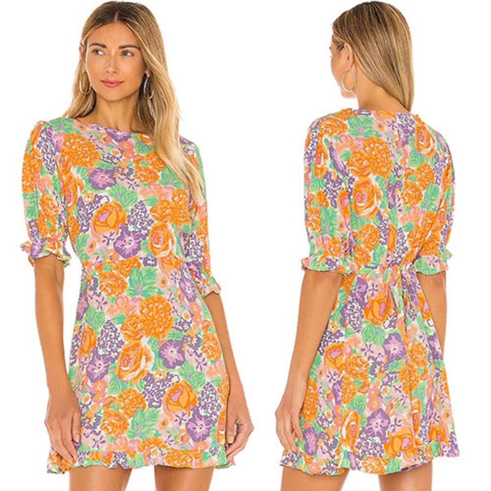 NWT Faithfull The Brand Florence Ade Floral Elastic Cuff Mini Dress Multi Color